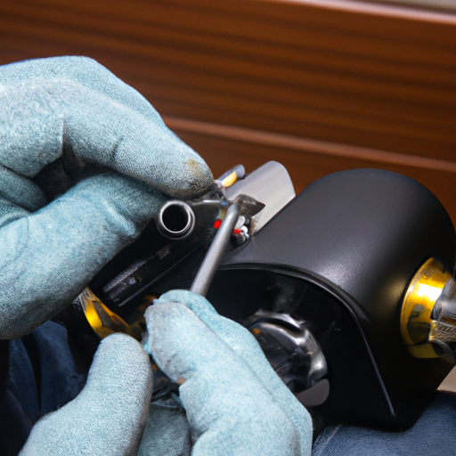 תמונה של מנעולן מחליף מנעול צילינדר, כשהמנעולן עונד כפפות ומשקפי בטיחות ובידם מקדחה.