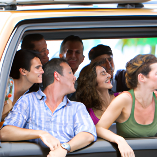 קבוצת תיירים מאושרים נהנית מהנסיעה במונית גדולה